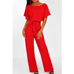 Unomatch Women Amazing Solid Colored Restful Short Sleeve Easy Round Neck Soft & Smooth Knotted Styled Jumpsuit