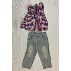 Unomatch Kids Girls Beautifully Designed Top Plaid Pattern Strap Shoulder Comfortable Jeans Awesome Outfit Set