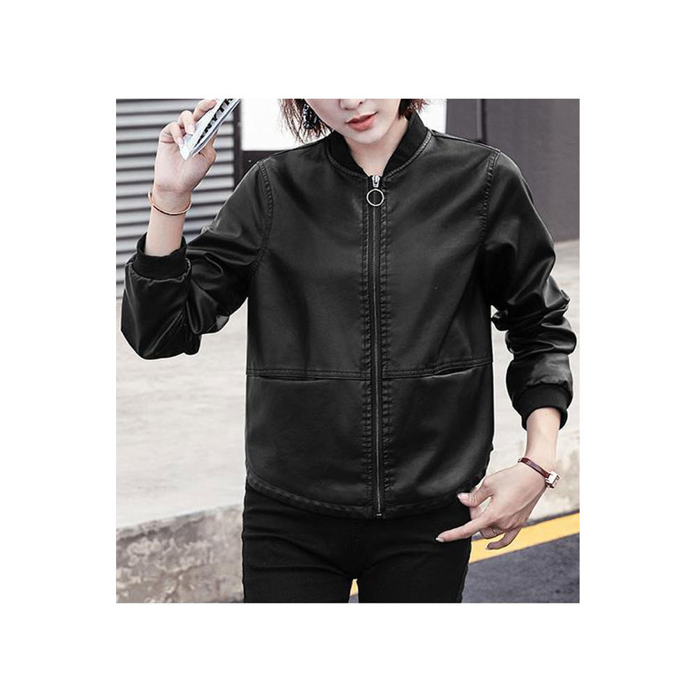 Unomatch Women Casual Wear Simple Solid Pattern Stretchable Cuff Suitable Winter Leather Jacket