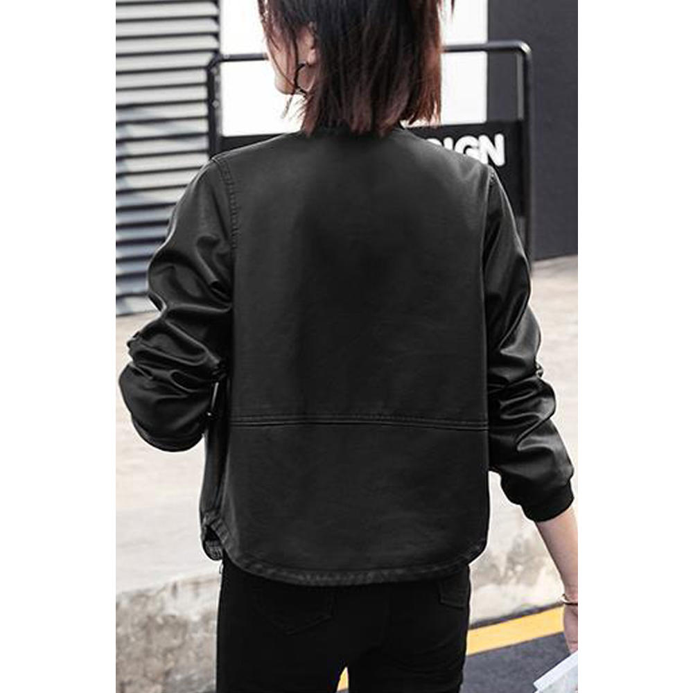 Unomatch Women Casual Wear Simple Solid Pattern Stretchable Cuff Suitable Winter Leather Jacket