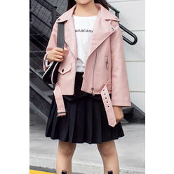Unomatch Kid Girl Lovely Lapel Collar Front Zipper Waist Belt With Buckle Fashionable Winter Leather Jacket