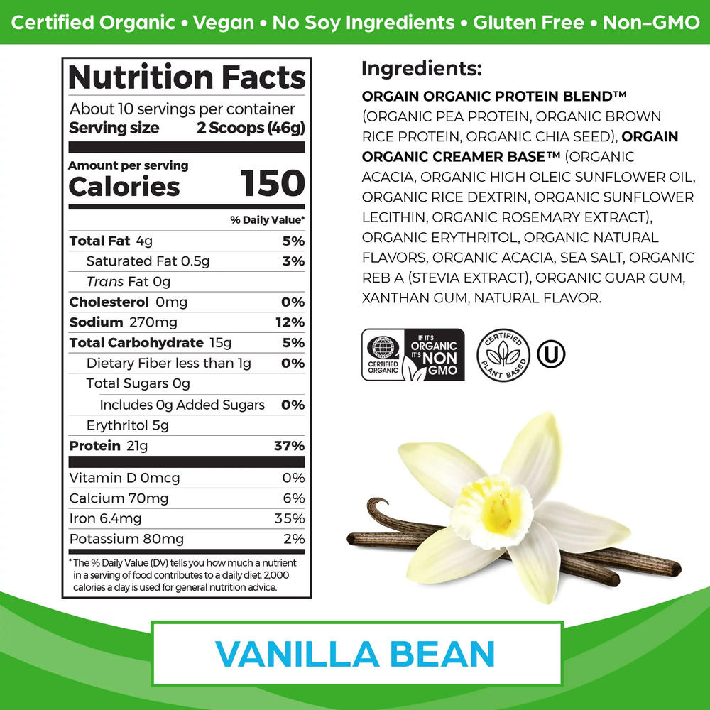 Orgain Organic Plant Based Protein Powder, Vanilla Bean, 21g Protein, Vegan, 1.02lb