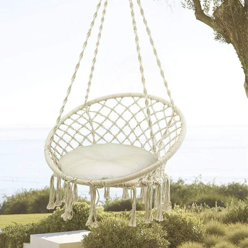 Aukfa Hammock Chair Macrame Swing with Cushion and Hardware Kits for Patio,Bedroom,Yard, Deck,Garden - Beige