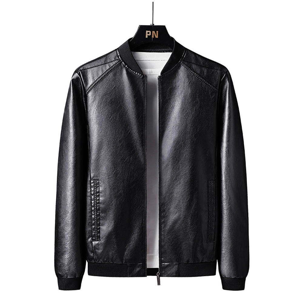 Unomatch Men Ravishing Contrst Knitted Stand Collar Ribbed Cuff & Hem Plain Vege Out Leather Jacket