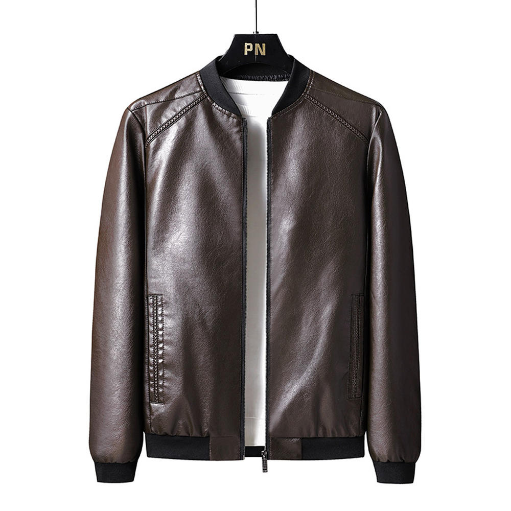 Unomatch Men Ravishing Contrst Knitted Stand Collar Ribbed Cuff & Hem Plain Vege Out Leather Jacket