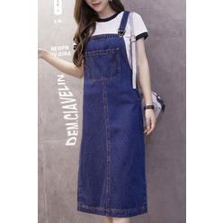 Unomatch Women Mid Length Solid Colored Loose Cool Casual Suspender Denim Skirt