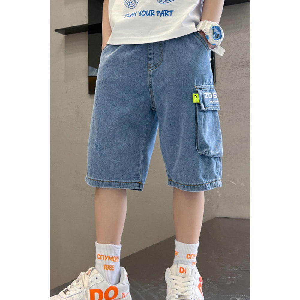 Unomatch Kids Boys New Fashionable High Waist Elastic Belt Solid Color ,Letter Pattern Summer Casual Thin Section Tooling Five-Point Pant
