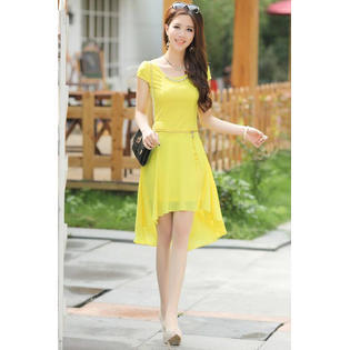 Unomatch Women Short Length Fit Waist Chiffon Dress Yellow