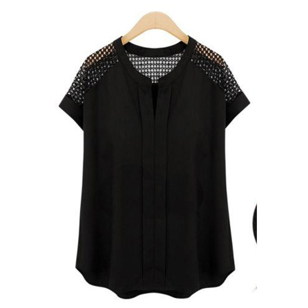 Unomatch Women Loose Lace Decorated Sleeves Shirt Black