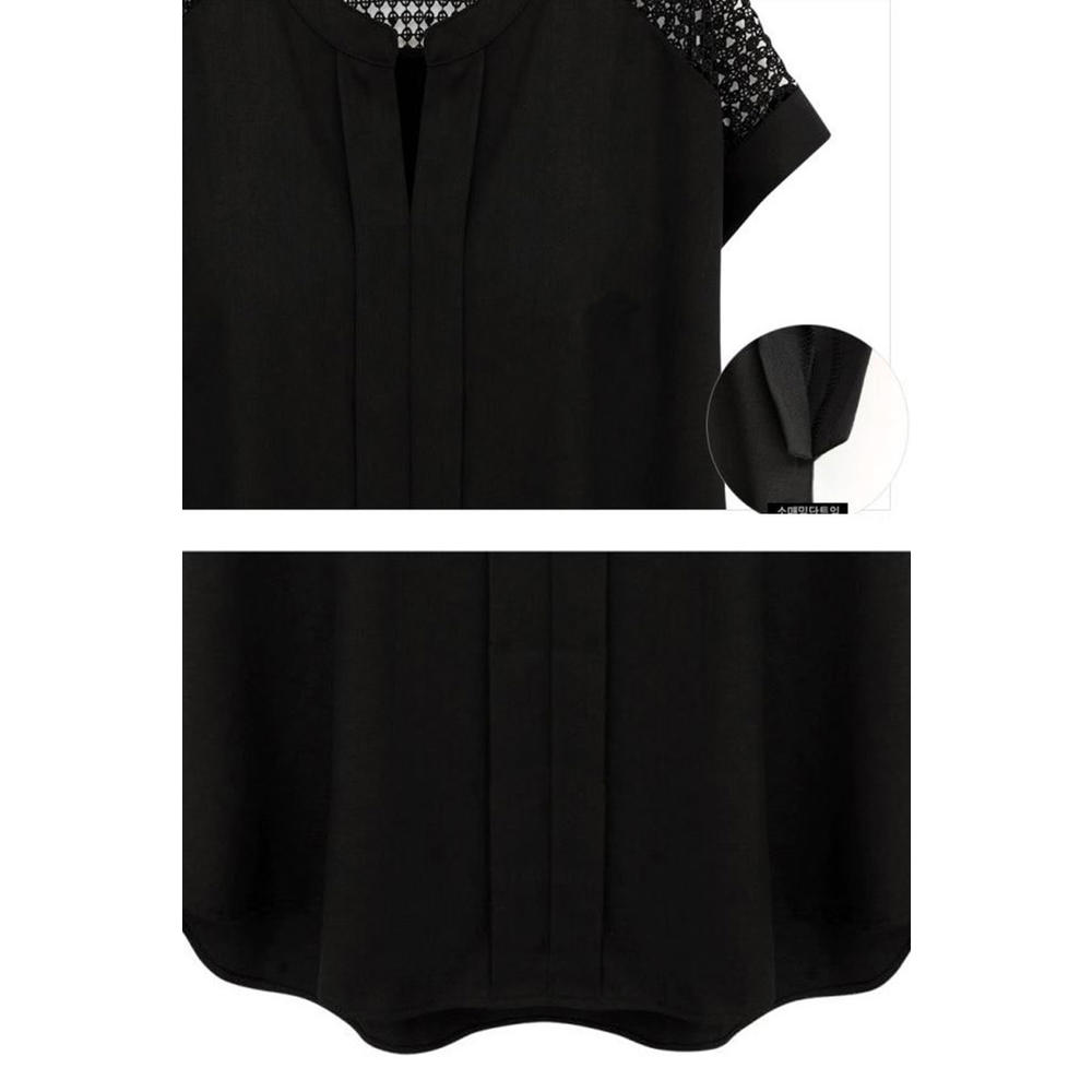 Unomatch Women Loose Lace Decorated Sleeves Shirt Black