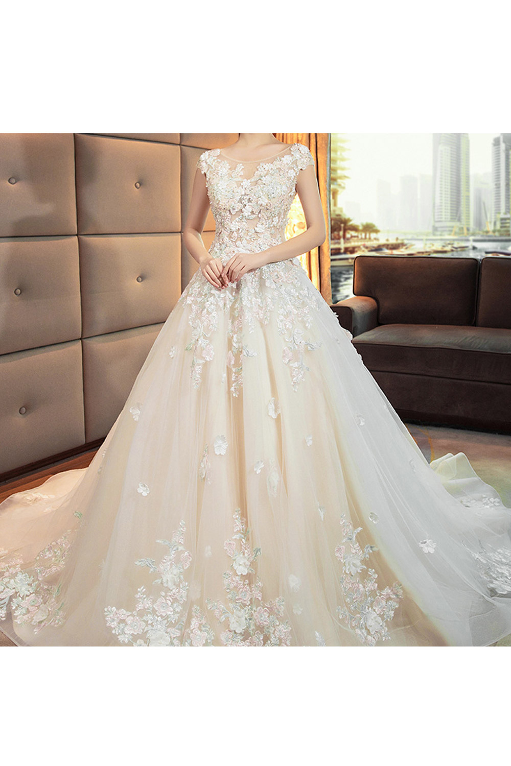 Unomatch Women Cap Sleeve Lace Decorated Wedding Dress