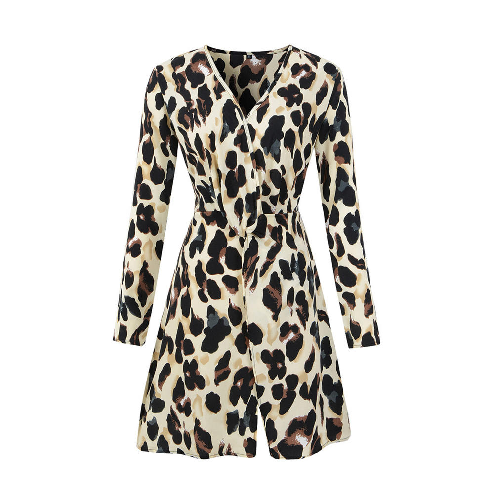 Unomatch Women Long Sleeve Leopard Printed Chiffon Dress