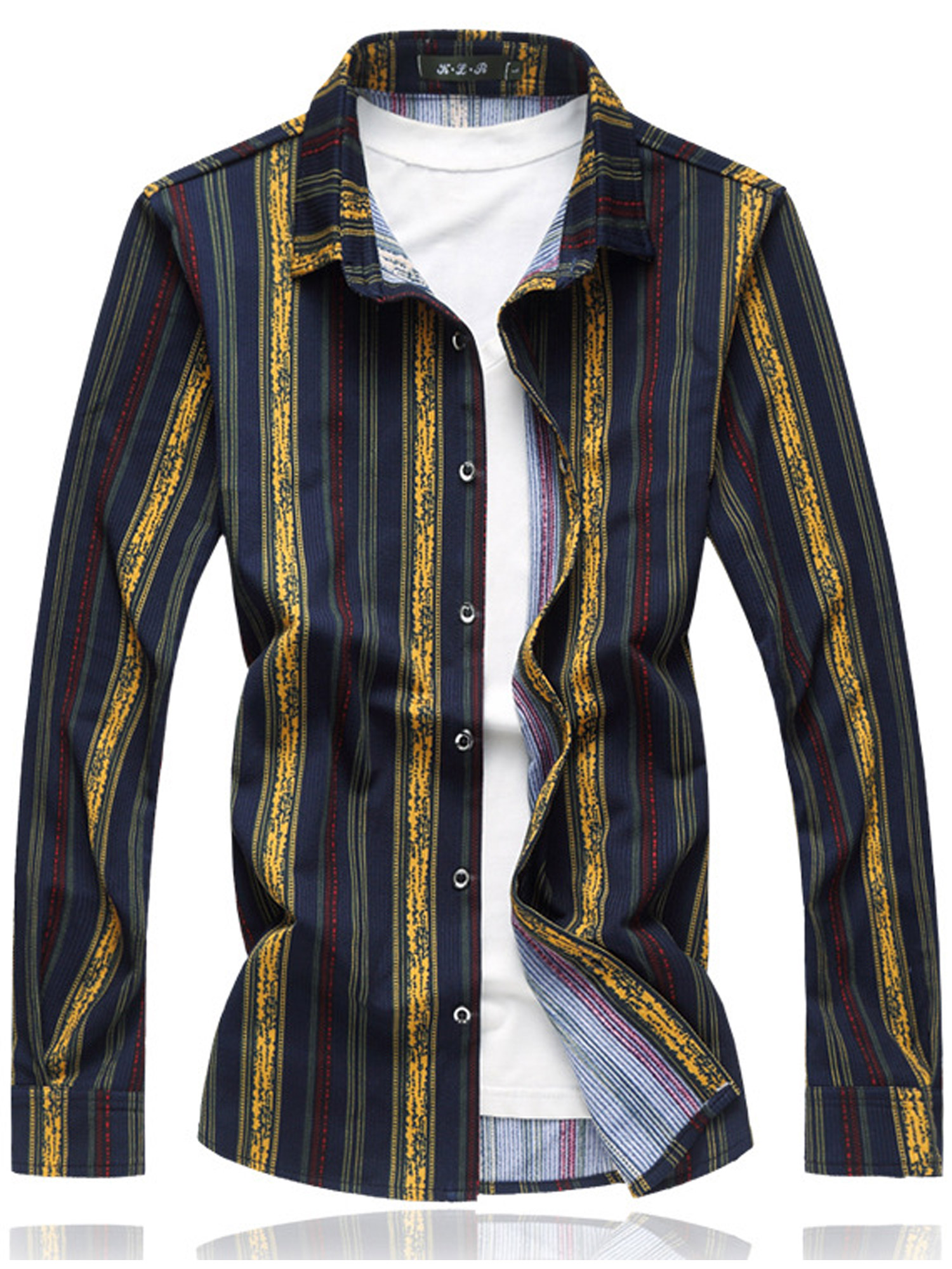 Unomatch Men Long Sleeve Vertical Stripes Casual Shirt