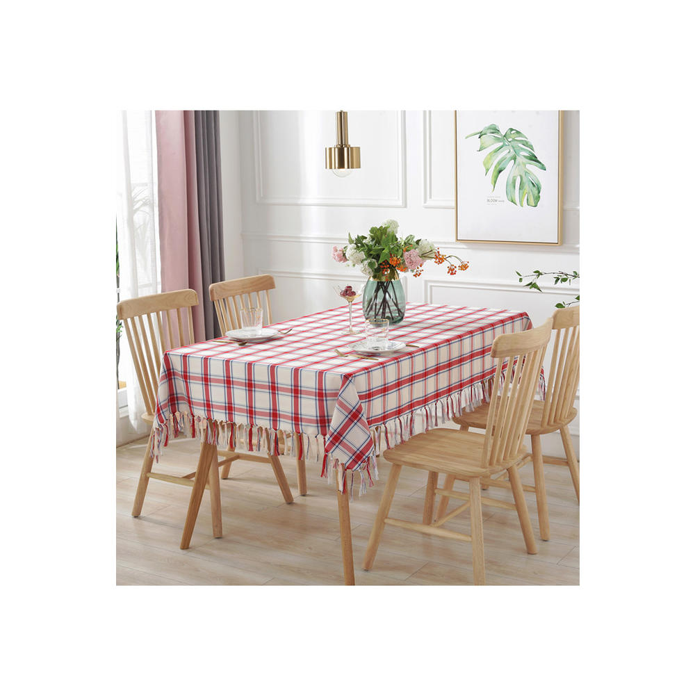 Unomatch Home Decor Plaid Design Tassel Decoration Rectangle Table Cloth