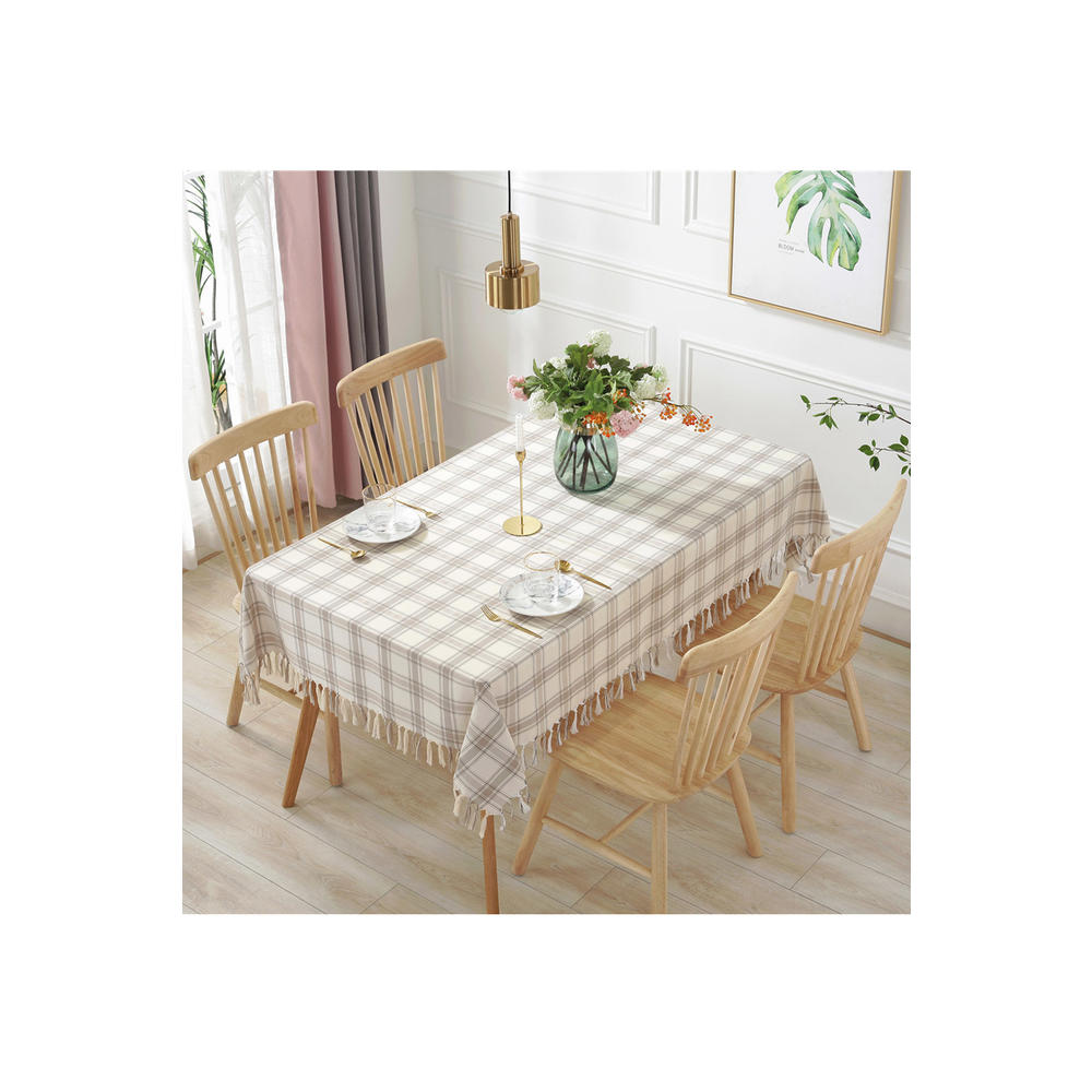 Unomatch Home Decor Plaid Design Tassel Decoration Rectangle Table Cloth