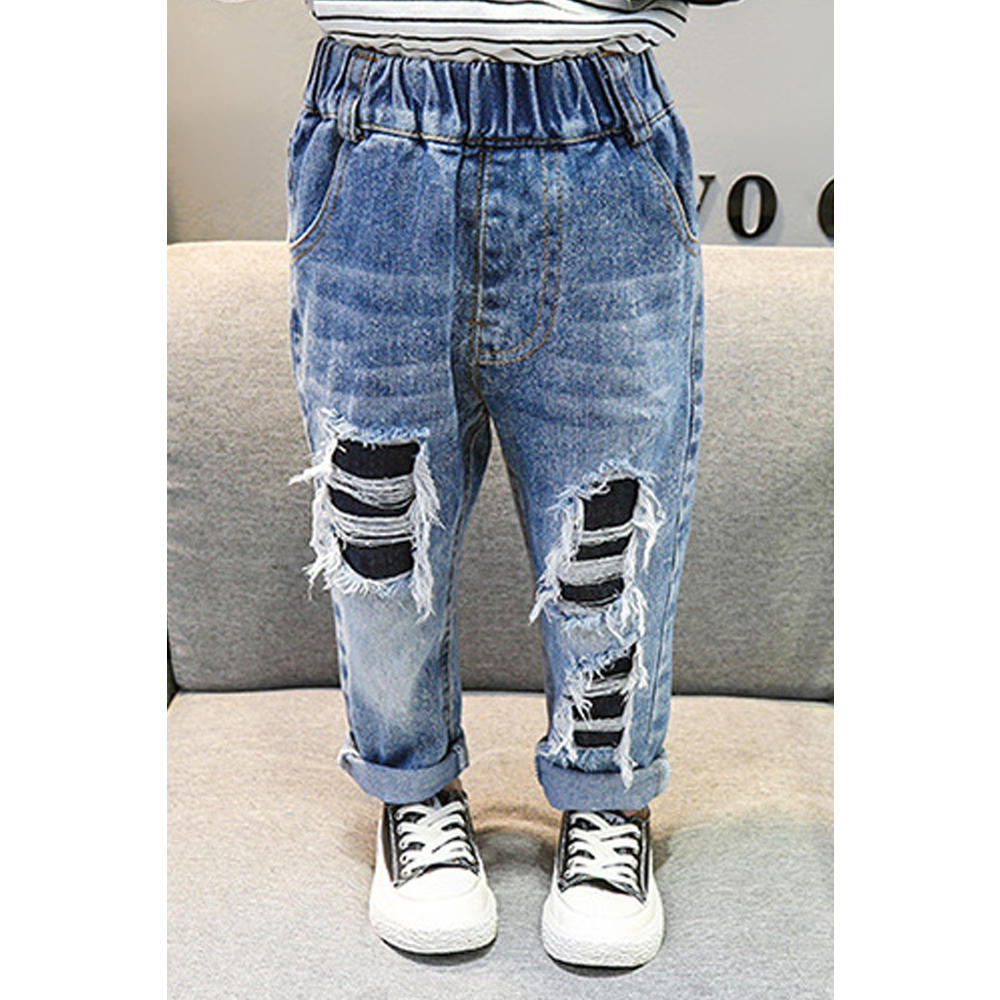 Unomatc Baby Girls Relaxed Solid Colored Shredded Jeans