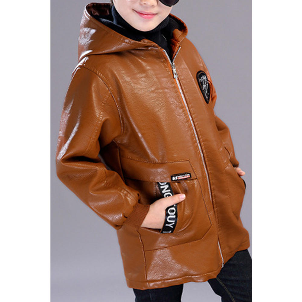 Unomatch Kids Boys Thick Hooded Neck Leather Jacket