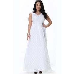 Unomatch Women Wedding Sleeveless V-Neck Plus Size Dress Pleated Long Dress White