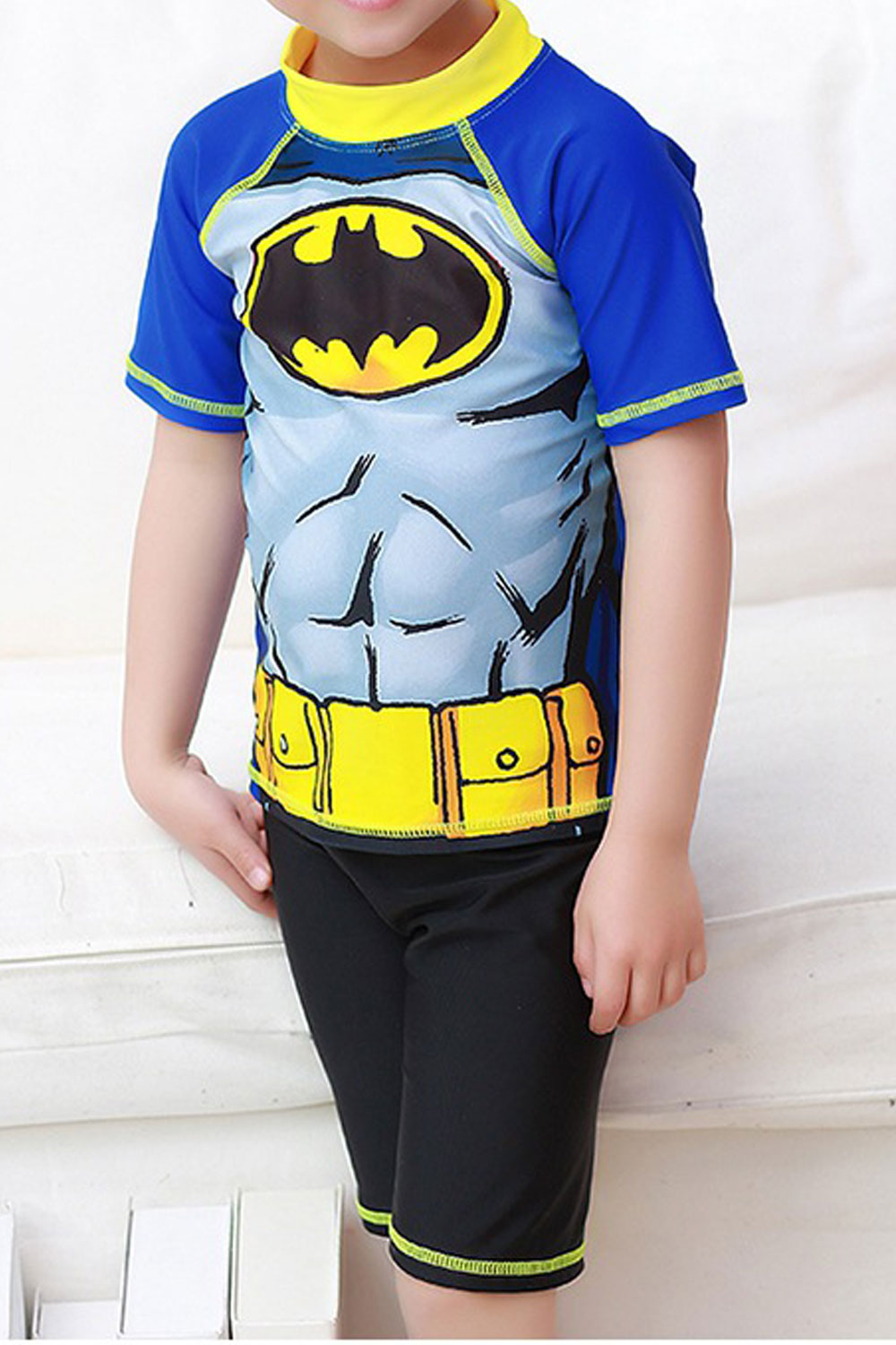 ZaraBeez Kids Boys Short Sleeve Batman Print Solid Elastic Waist Swimsuit