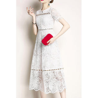 ZaraBeez Women Round Neck Hollow Lace Below Knee Dress, White