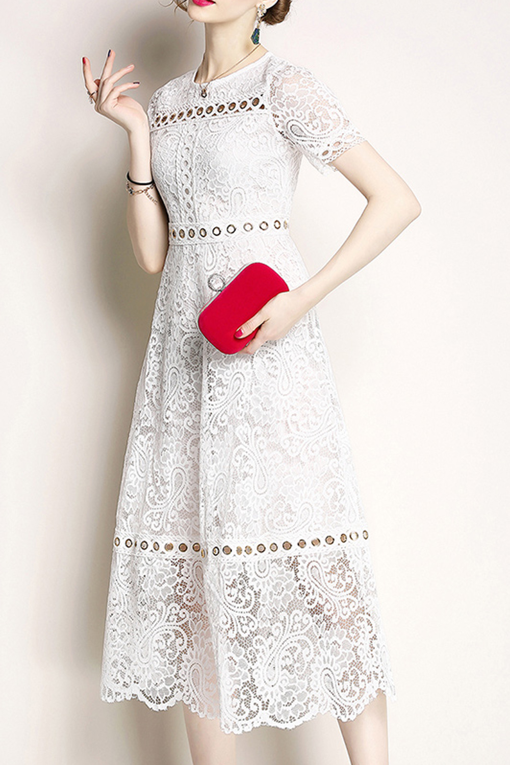 knee length dresses for ladies Column Short Sleeves Knee Length Lace Mother of The Bride Dress, Watermelon