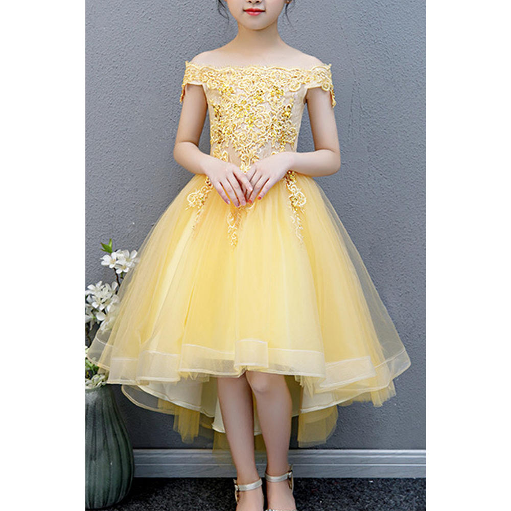 Unomatch Kids Girls Lace Decorated Off Neck Elegant Dress