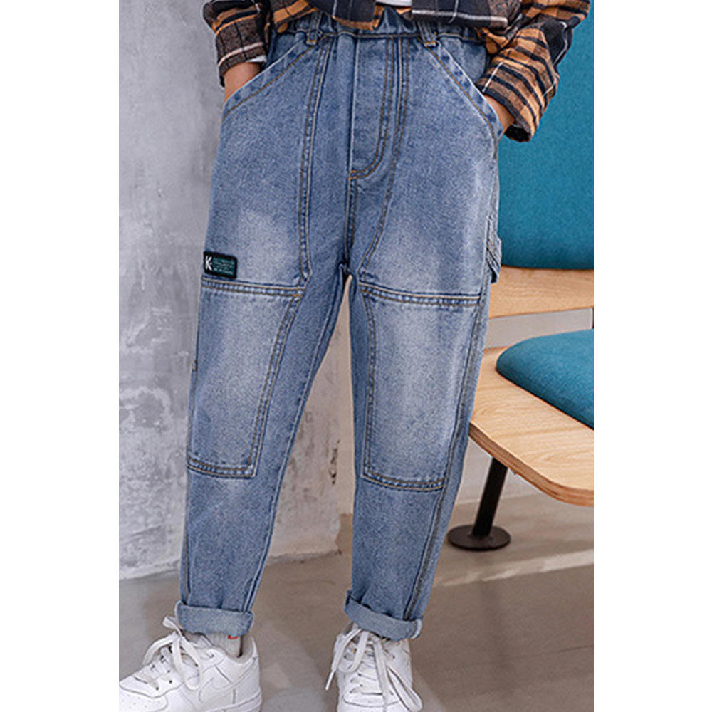 Unomatch Kids Boys Elastic Waist Belt Loops Loose Fit Casual Jeans