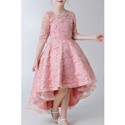 Unomatch Kids Girls Short Sleeve Lace Decorated Evening Dress