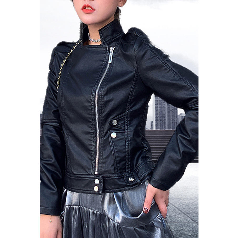 ZaraBeez Women Regular Fit Long Sleeve Small Collar Neck Trendy Leather Jacket