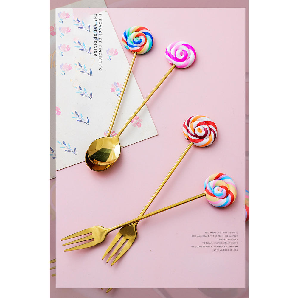 Unomatch Household Elegant Design Stainless Steel Lollipop Handle Dessert Spoon Fork Set Pack Of 20