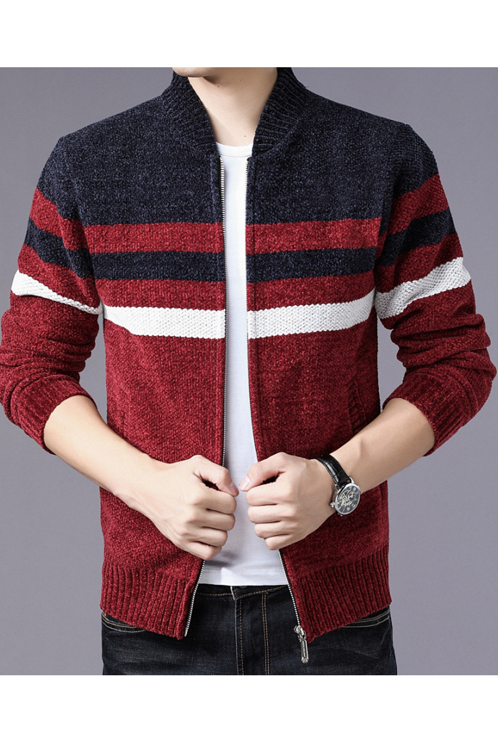 mens red zipper cardigan