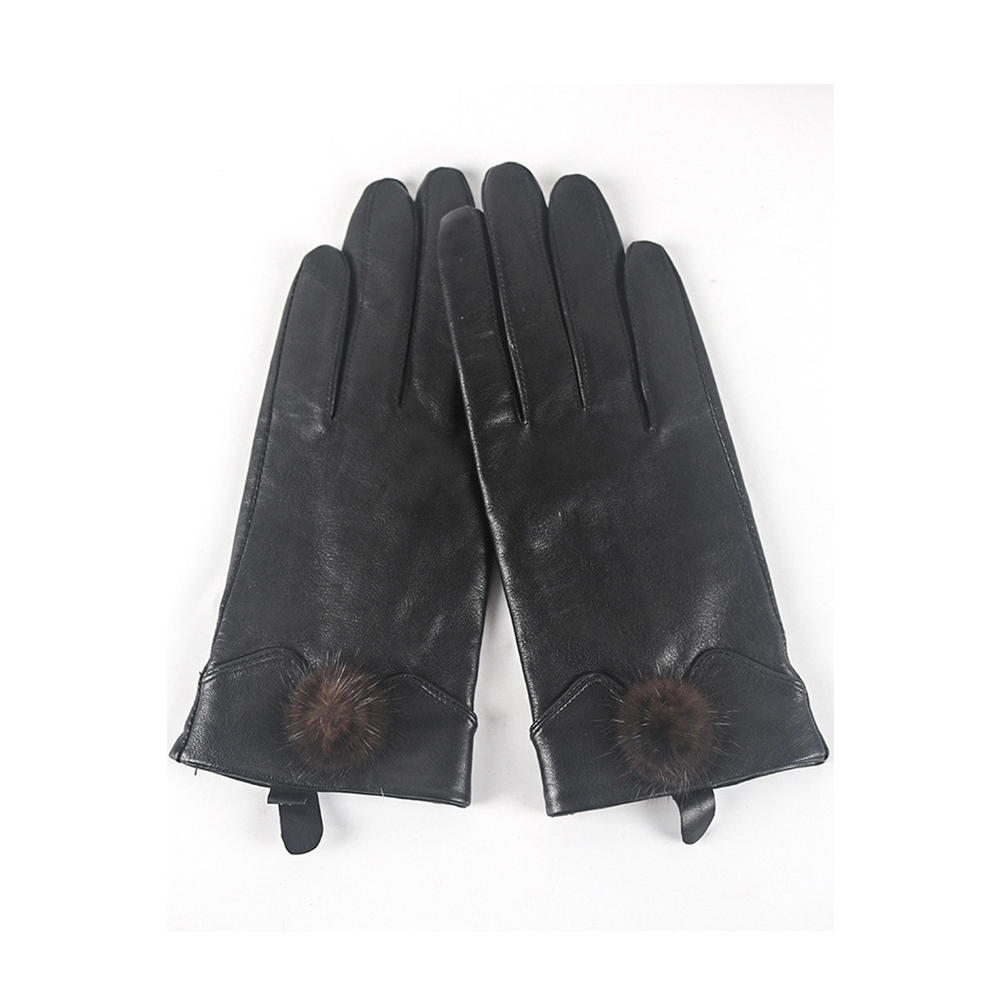 Unomatch Women Hairball Decorated Windproof Outdoor Winter Leather Gloves