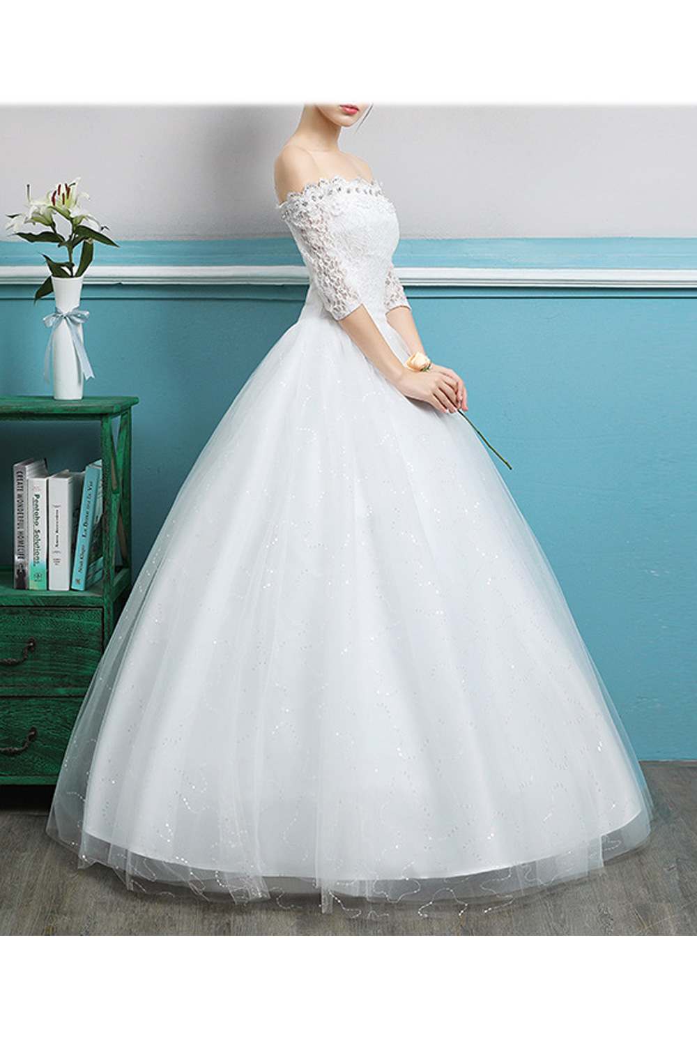 Tom Carry Women Breathable Half Sleeve Off-Shoulder Solid Colored Skirt Wedding Dress