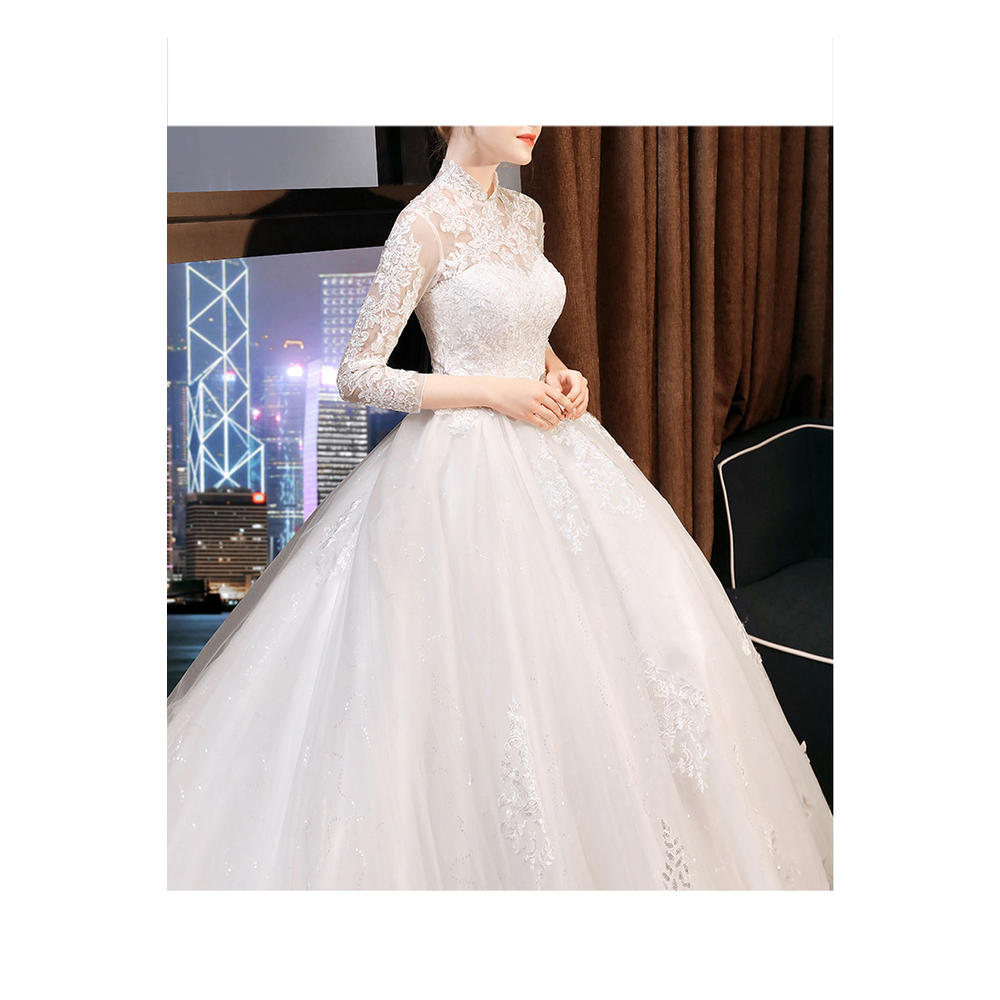 TOMCARRY Women Trendy Stand Collar Long Sleeve Pretty Lace Embroidered Wedding Dress