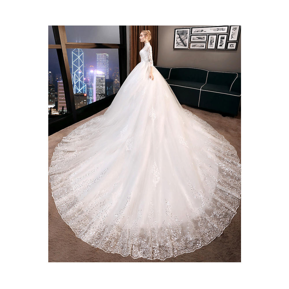 ZaraBeez Women Trendy Stand Collar Long Sleeve Pretty Lace Embroidered Wedding Dress