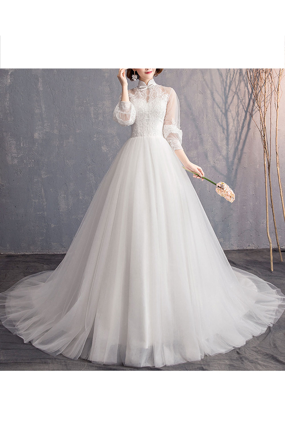 Tom Carry Women Comfy Stand Collar Long Tail Solid Pattern Wedding Dress