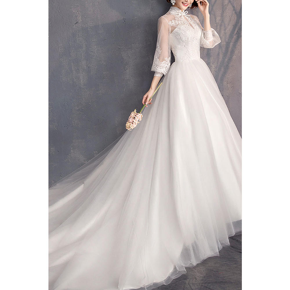 Tom Carry Women Comfy Stand Collar Long Tail Solid Pattern Wedding Dress