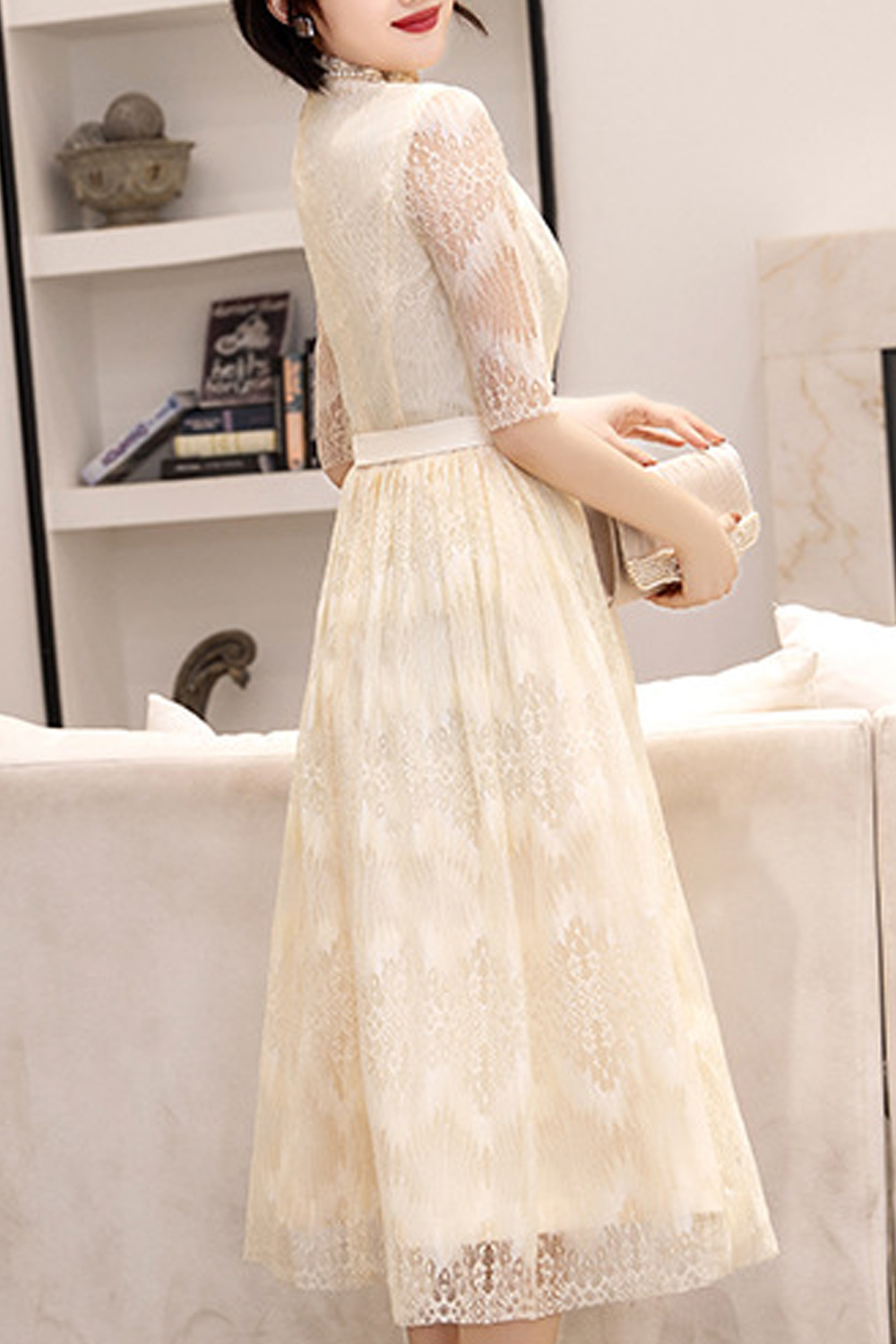 TOMCARRY Women Ribbon Waist Solid Colored Half Thin Sleeve Wedding Party  Dress