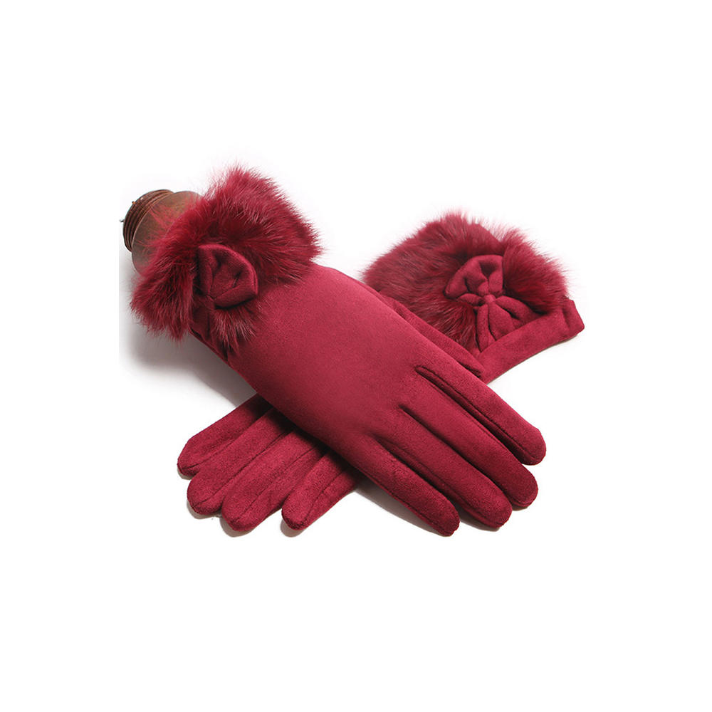 Unomatch Women Solid ColorWomen Elegant Solid Colored Bow Attached Beautiful Cozy Winter Gloves Thick & Warm Winter Gloves
