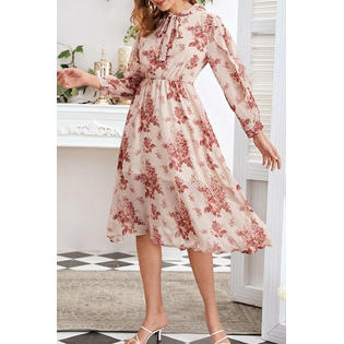 TOMCARRY Women Classy Flower Pattern Mid Length Thin Breathable Long Sleeve Dress, Beige