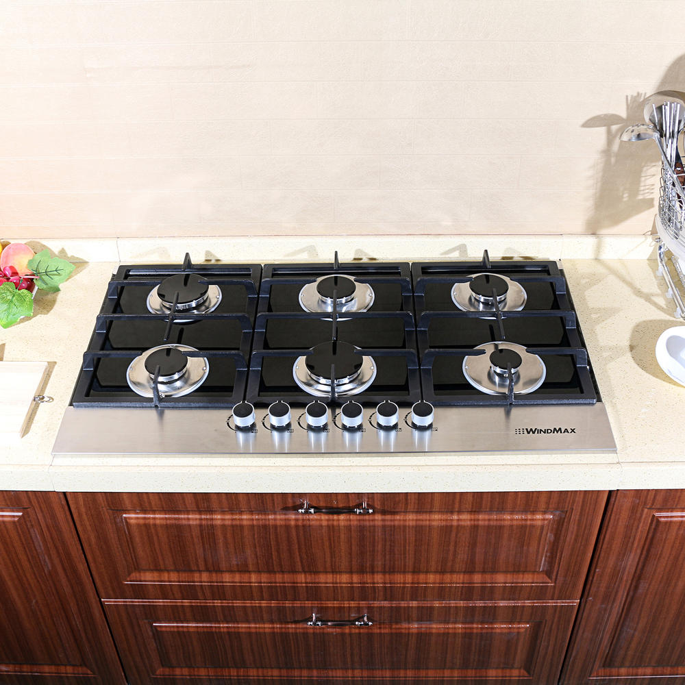 Windmax 36" Black Electric Tempered Glass Built-in Kitchen 6 Burner Gas Hob Cooktop