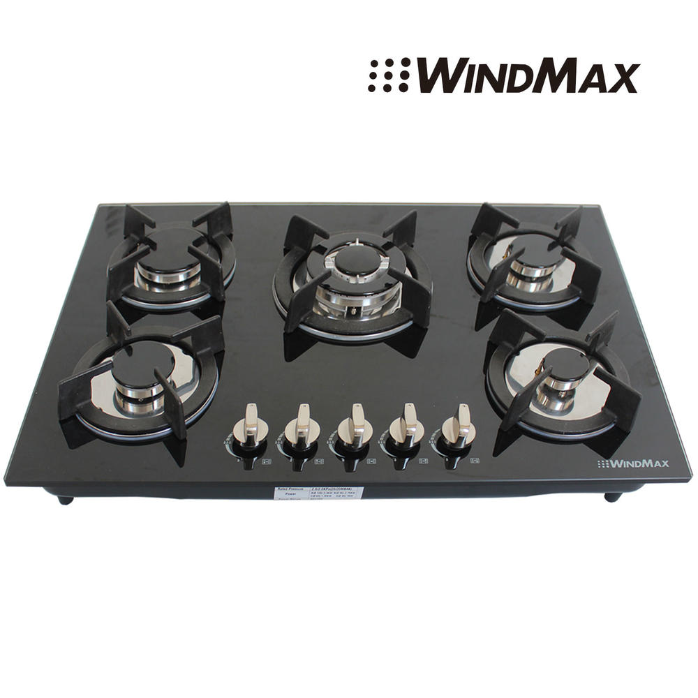 Windmax 30" Fashion Black Tempered Glass Built-in Kitchen 5 Burner Gas Hob CookTop