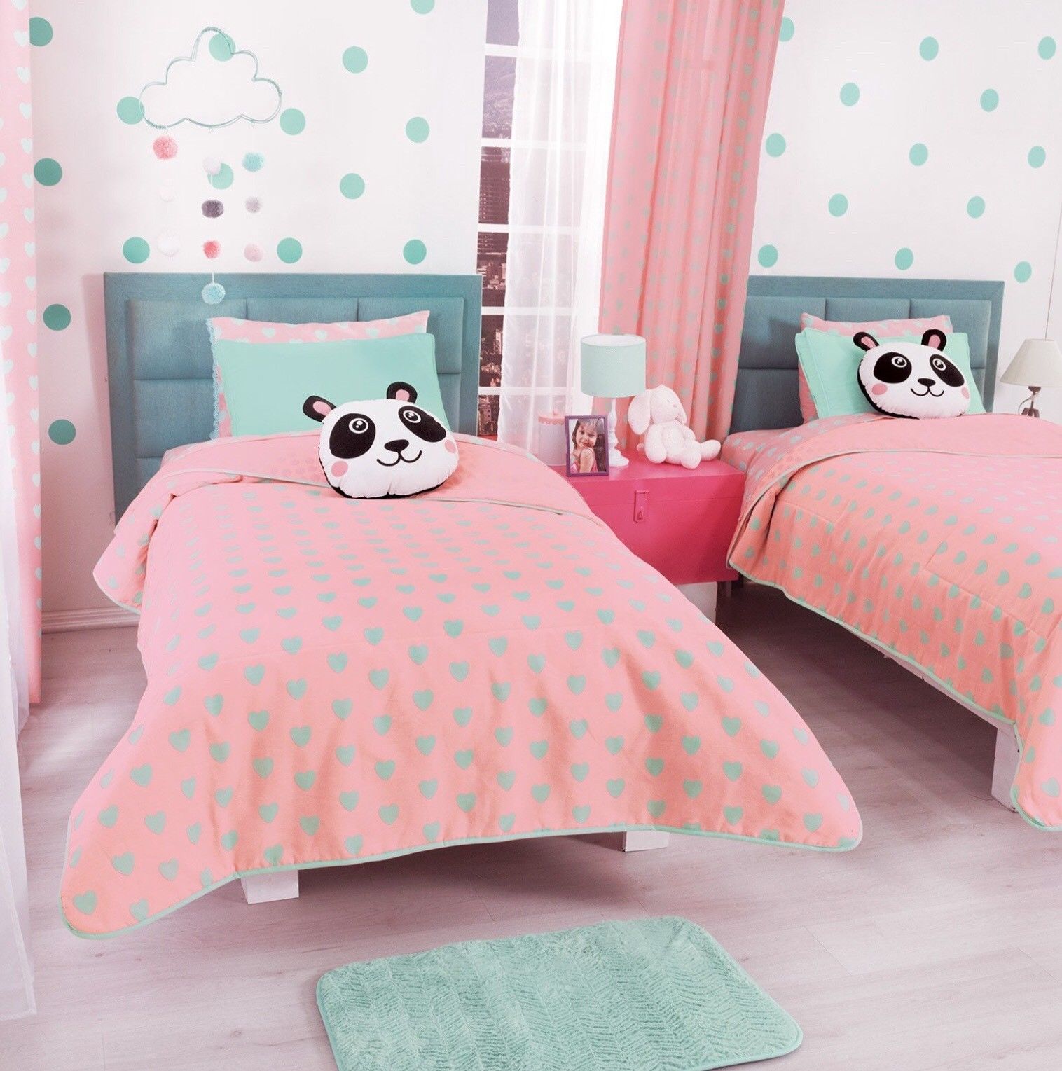 Dreampartyworld Panda Green Hearts Pink Comforter Cushion