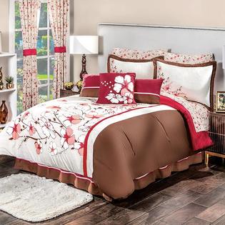 Dreampartyworld Cherries Flowers Comforter And Sheet Set Queen Size Reversible Shams Throw Pillow Bedskirt Bedding And Decoration