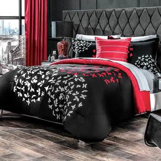 Dreampartyworld Red And White Leaves Comforter Set Queen Size Reversible Shams Throw Pillow Bedding And Decoration