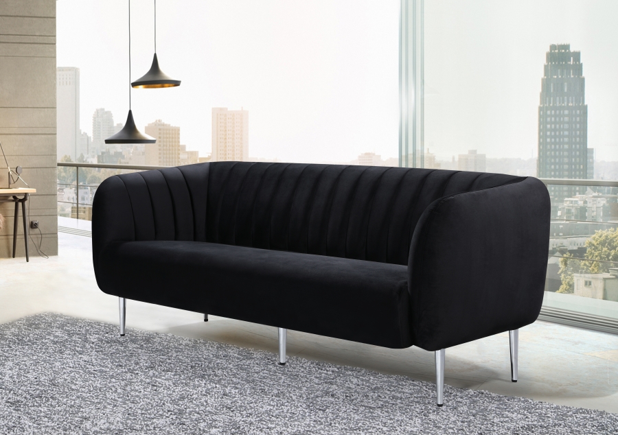 Hs Contemporary Black Velvet 2pcs Sofa Set Channel Tufting Living