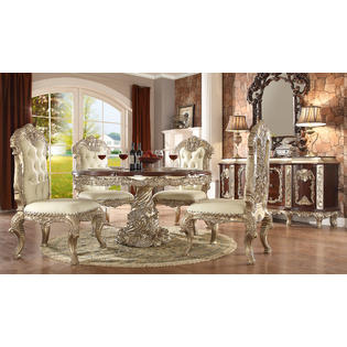 Hs Traditional Luxurious Metallic Silver Dining Room 5pc Unique Wooden Round Dining Table Tufted Chairs Formal