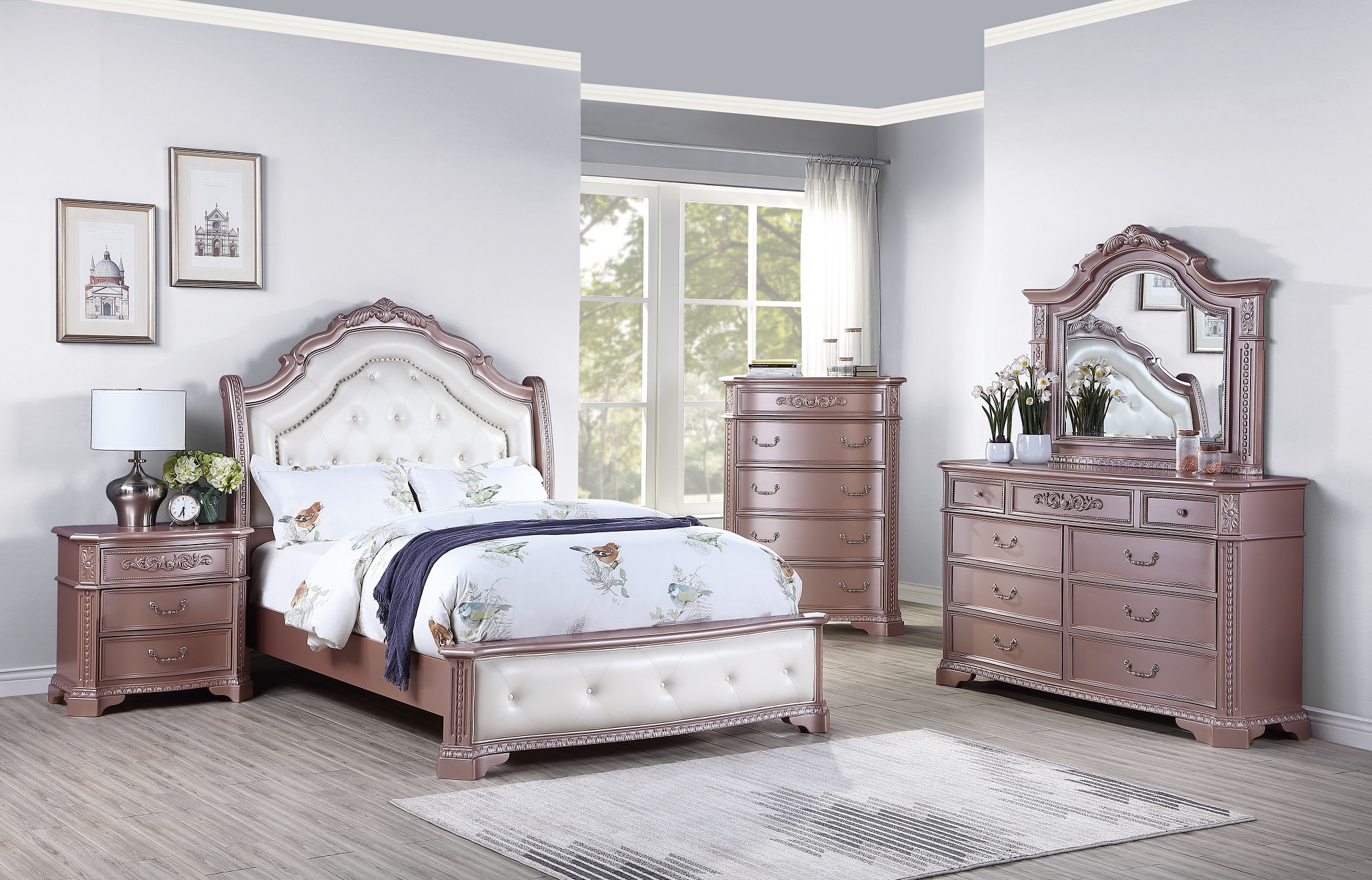 Esofastore Formal Classic 4pc Set Queen Size Bed Dresser Mirror Nightstand White Finish Nightstand Bedroom Furniture