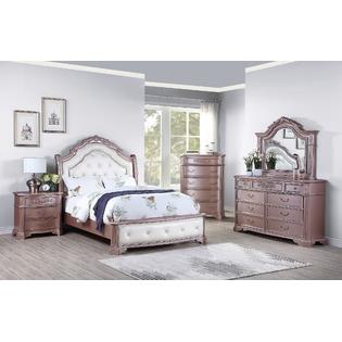 Esofastore Formal Traditional Bedroom Faux Leather 4pc Set Queen Size Bed Dresser Mirror Nightstand Rose Gold Color