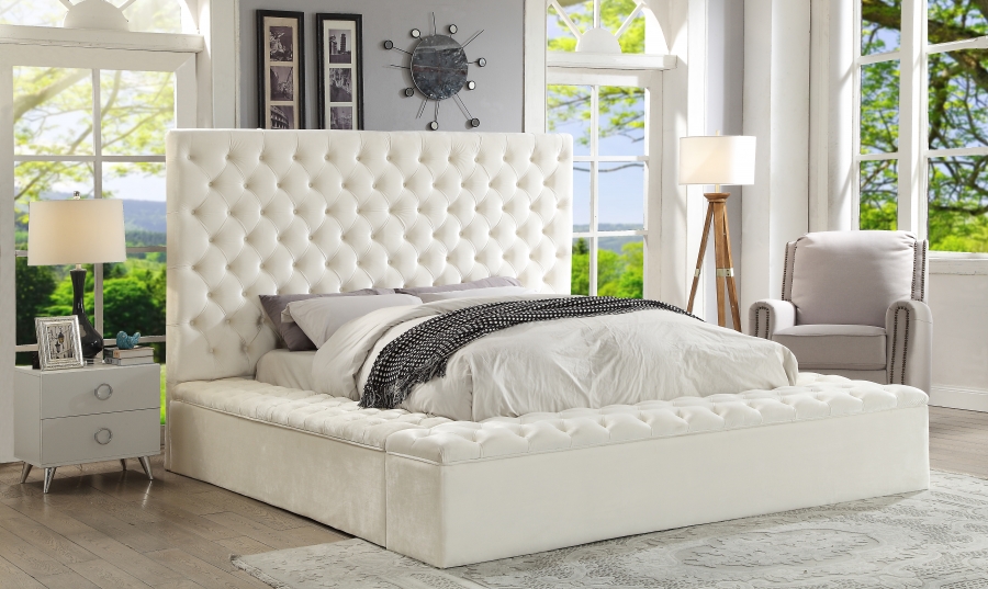 Hs Modern King Size Bed Bedroom Furniture White Color Velvet Storage Rails Footboard